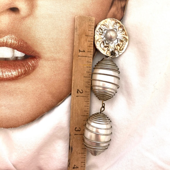 earrings vintage 3.5" long big pearls embellished engraved statement costume - Picture 6 of 9